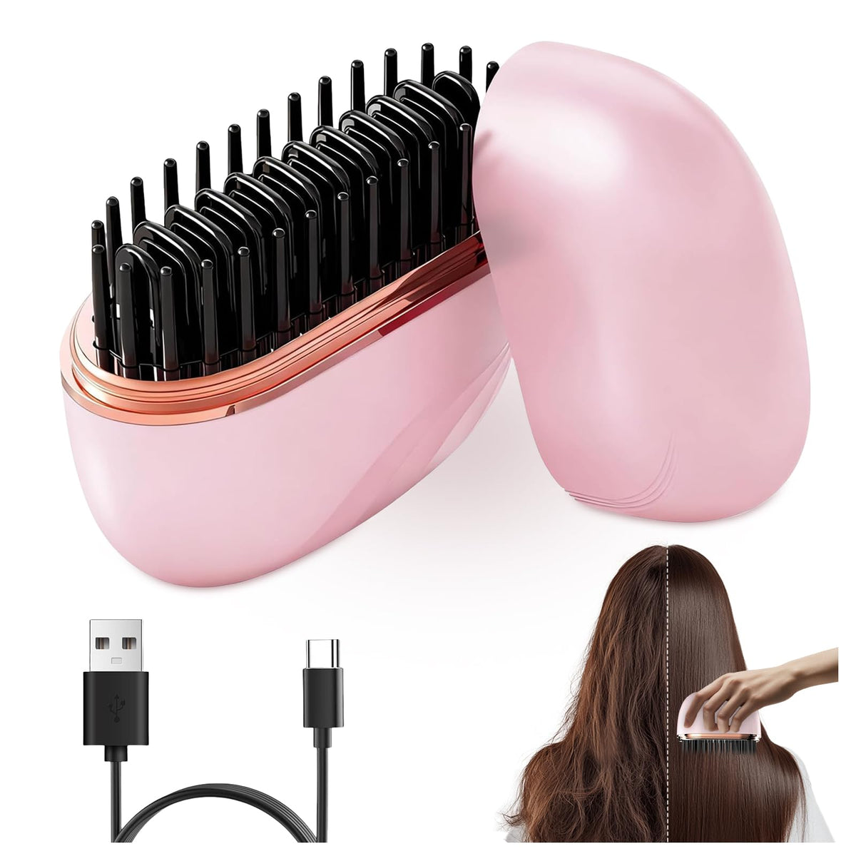 Muoyid Glambrush Mini Straightener pink front view, cordless travel-ready styling.