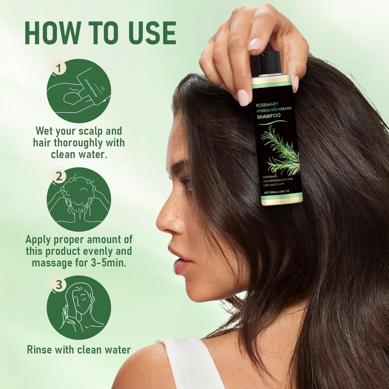 Muoyid rosemary hydrolyzed keratin shampoo bottle close-up emphasizes silicone-free formula