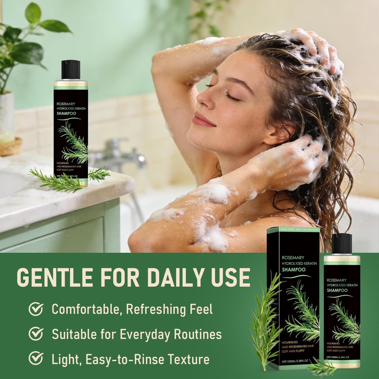 Muoyid rosemary hydrolyzed keratin shampoo texture close-up suggests premium, gentle cleansing