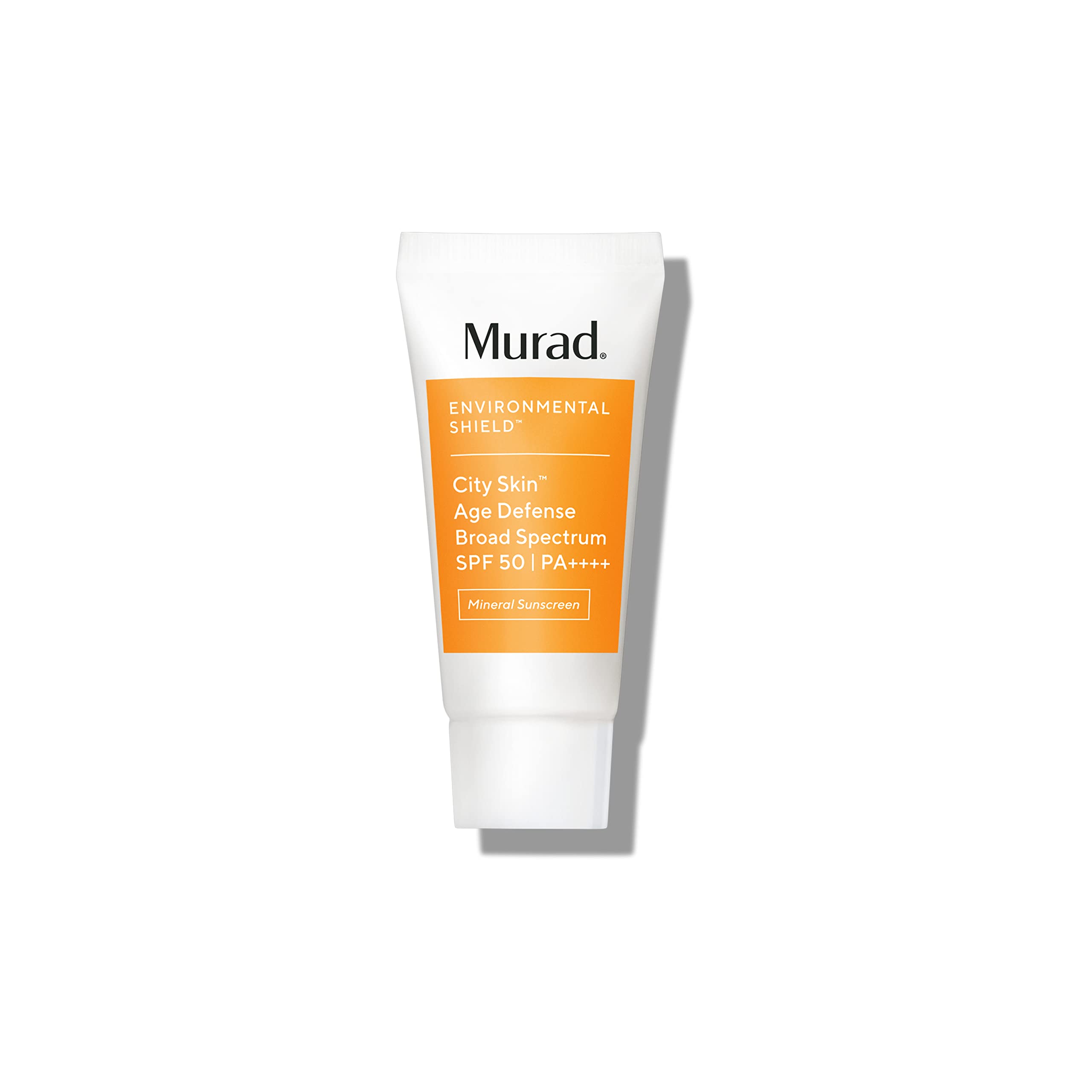 Murad City Skin Age Defense bottle front shows a sleek travel-friendly SPF 50 sunscreen.