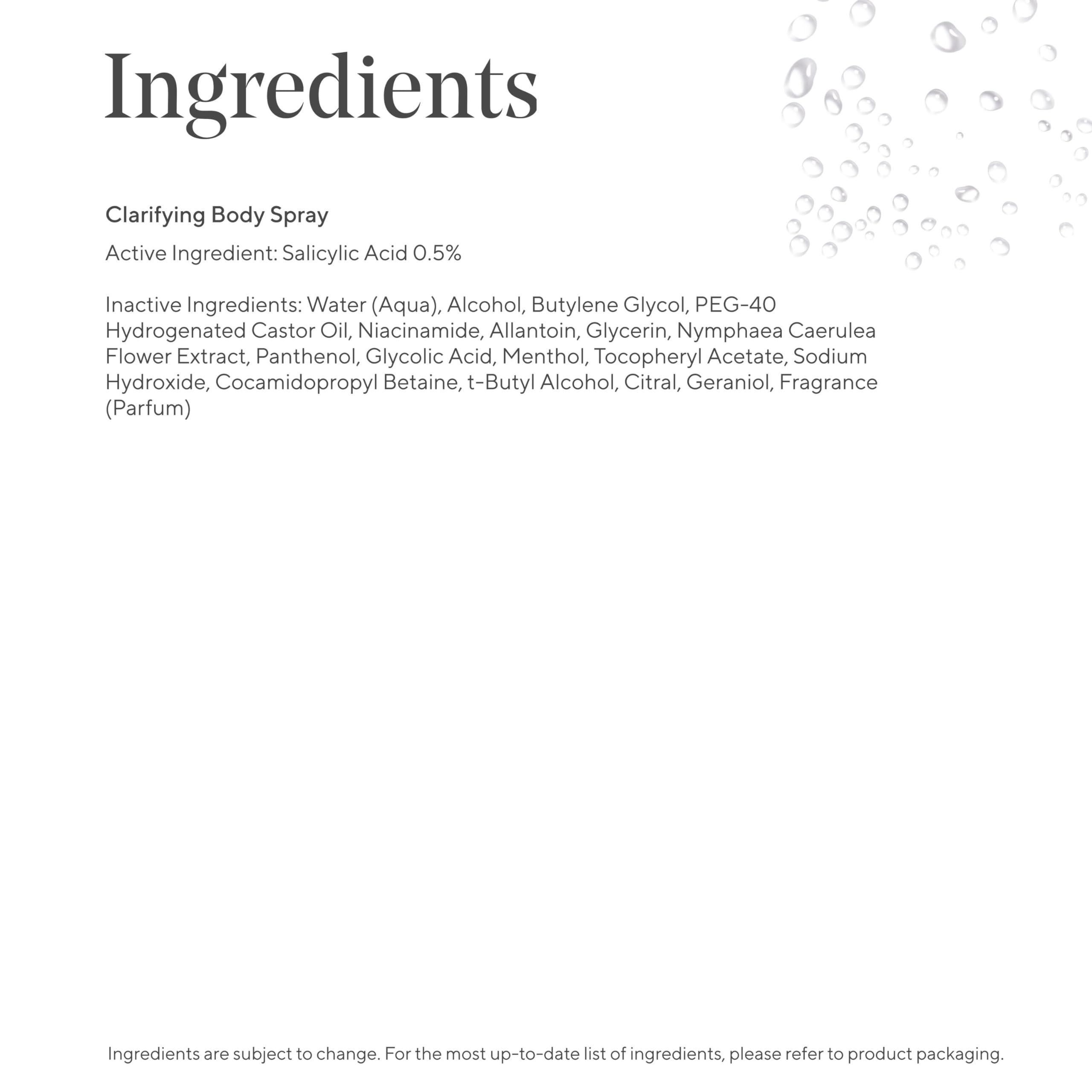 Murad Clarifying Body Spray packaging closeup emphasizing continuous spray.