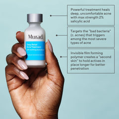 Murad Deep Relief bottle being applied to a breakout for fast redness relief.