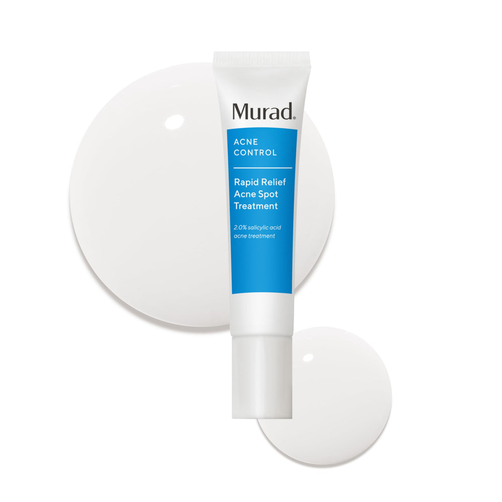 Murad Rapid Relief bottle close-up showing clear gel for fast blemish relief.