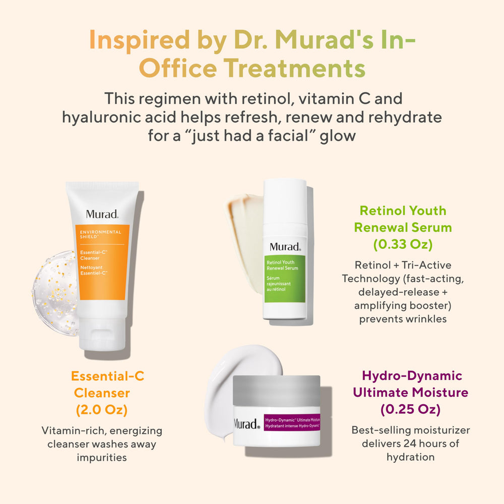 Murad Retinol Serum bottle close-up highlights night-time renewal potential for smoother skin.