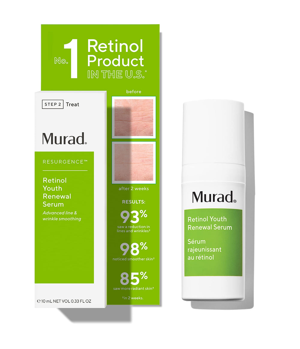 Murad Retinol Youth Renewal Serum bottle closeup, premium packaging for daily anti-aging care.