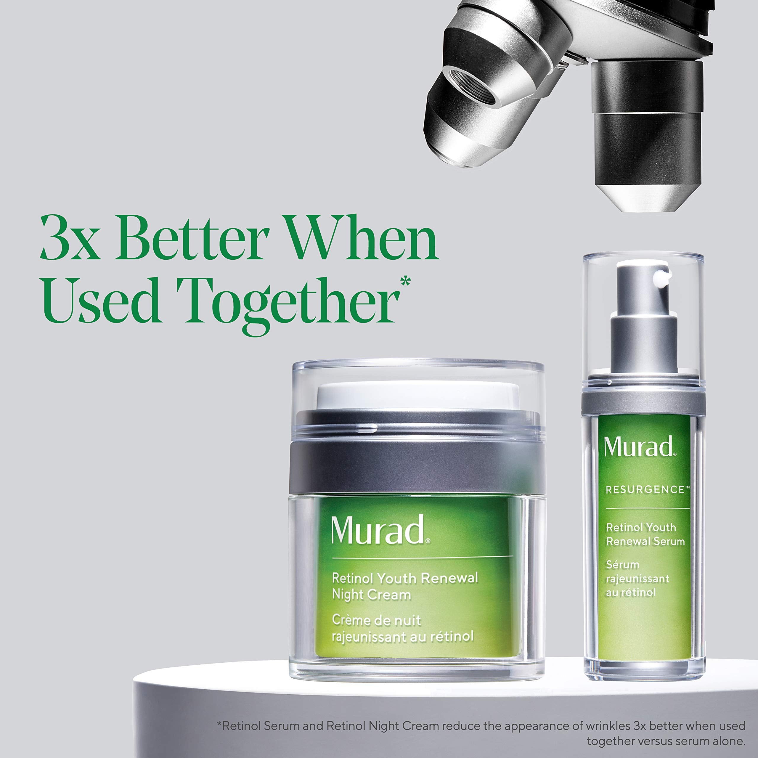 Murad Retinol Youth Renewal Serum on nightstand beside a night cream.