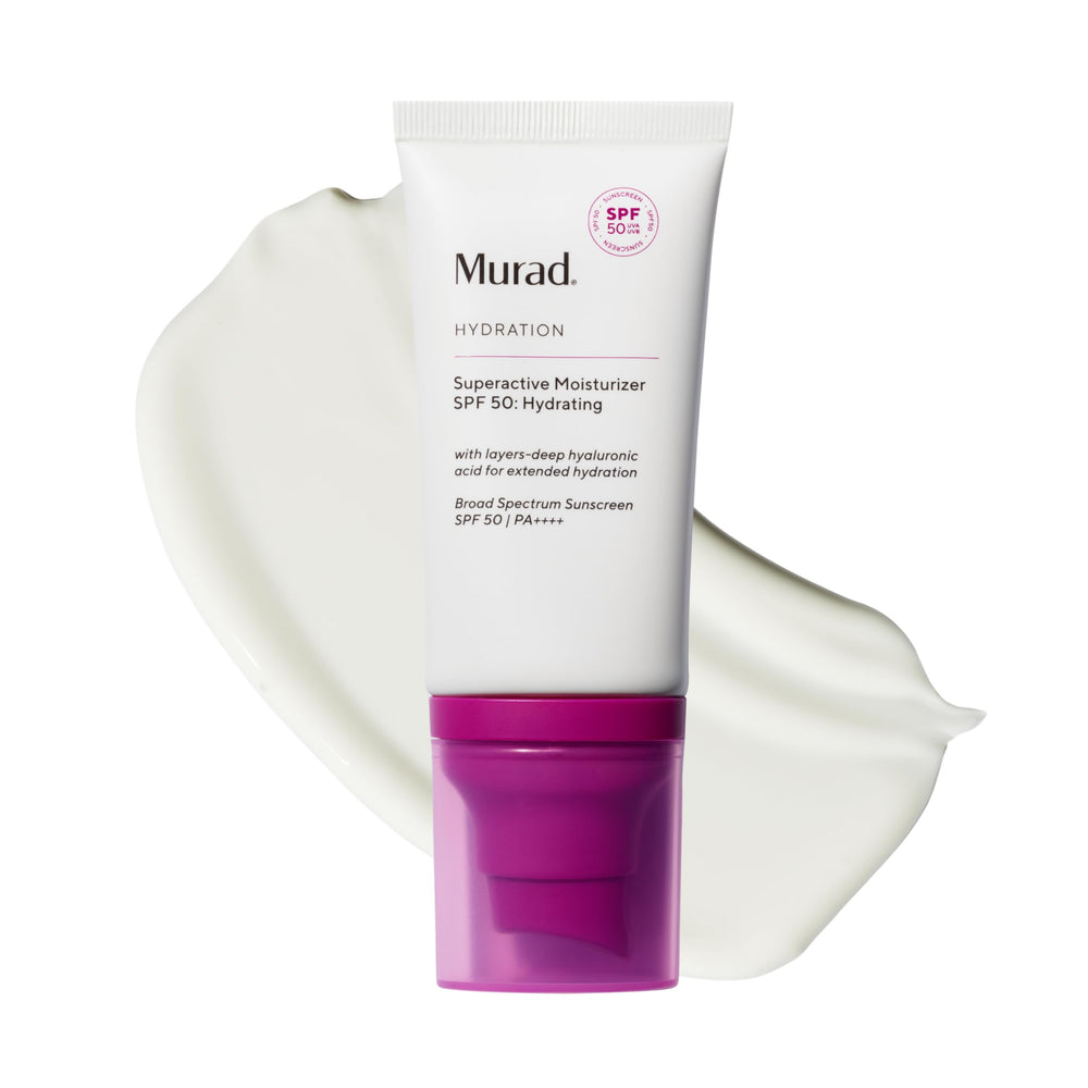 Murad Superactive Hydrating Moisturizer SPF 50 bottle delivering dewy hydration and broad protection.