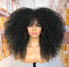 MURAMURA HAIR 18-inch curly wig with bangs for daily wear and versatile styling.