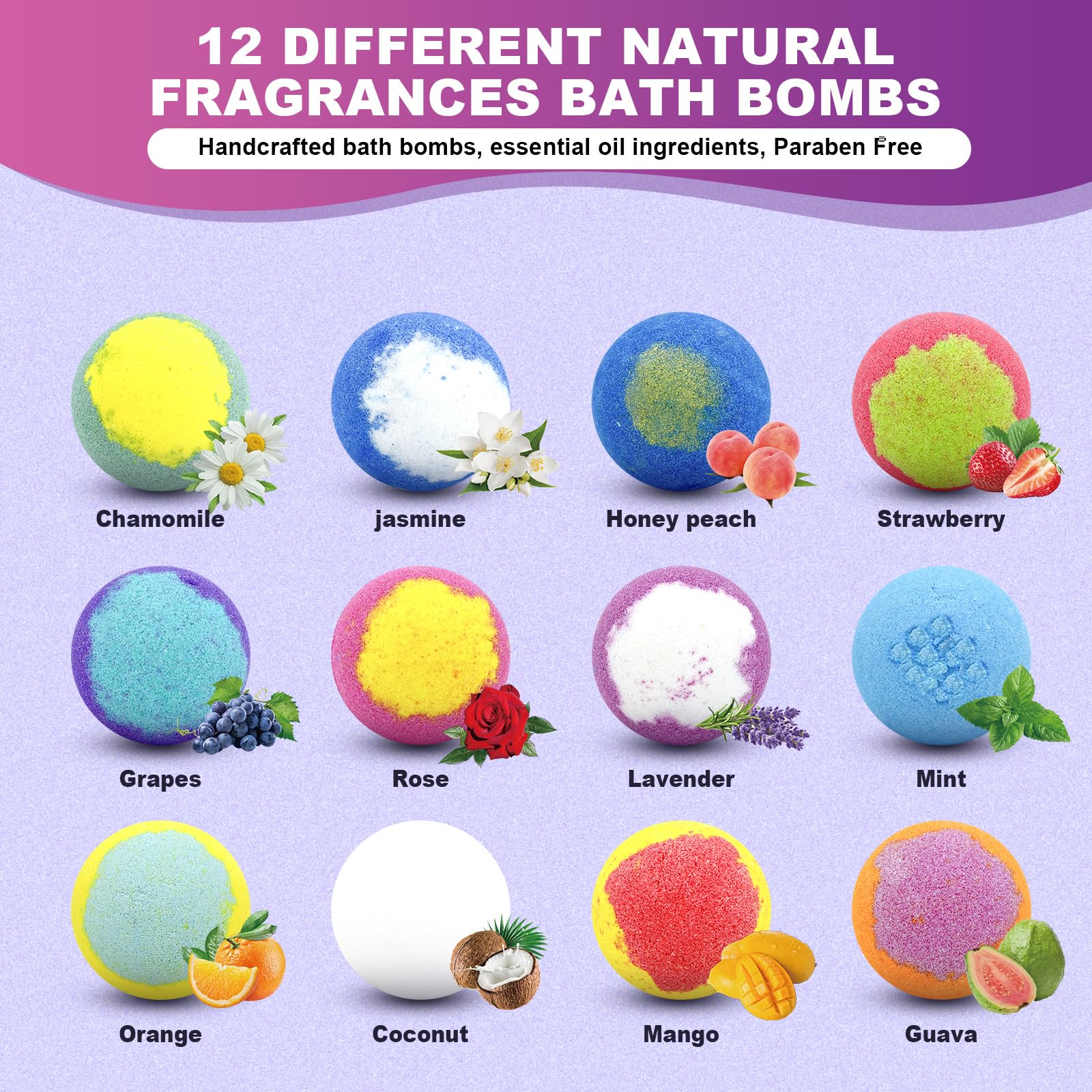 MURAN SHOWER bath bombs assorted fragrances display showcasing colorful fizz