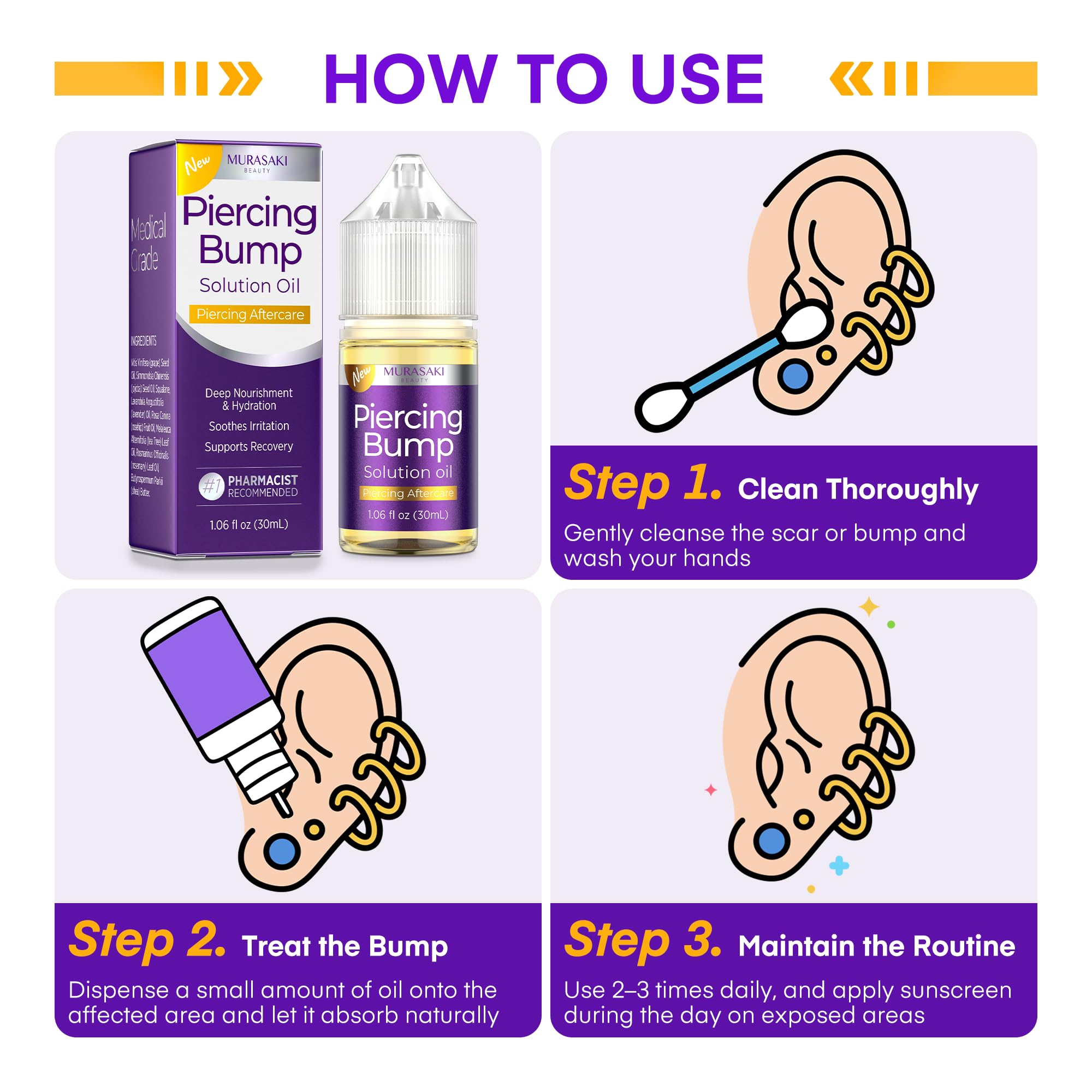 Murasaki Beauty piercing-area application image showing targeted soothing for new piercings