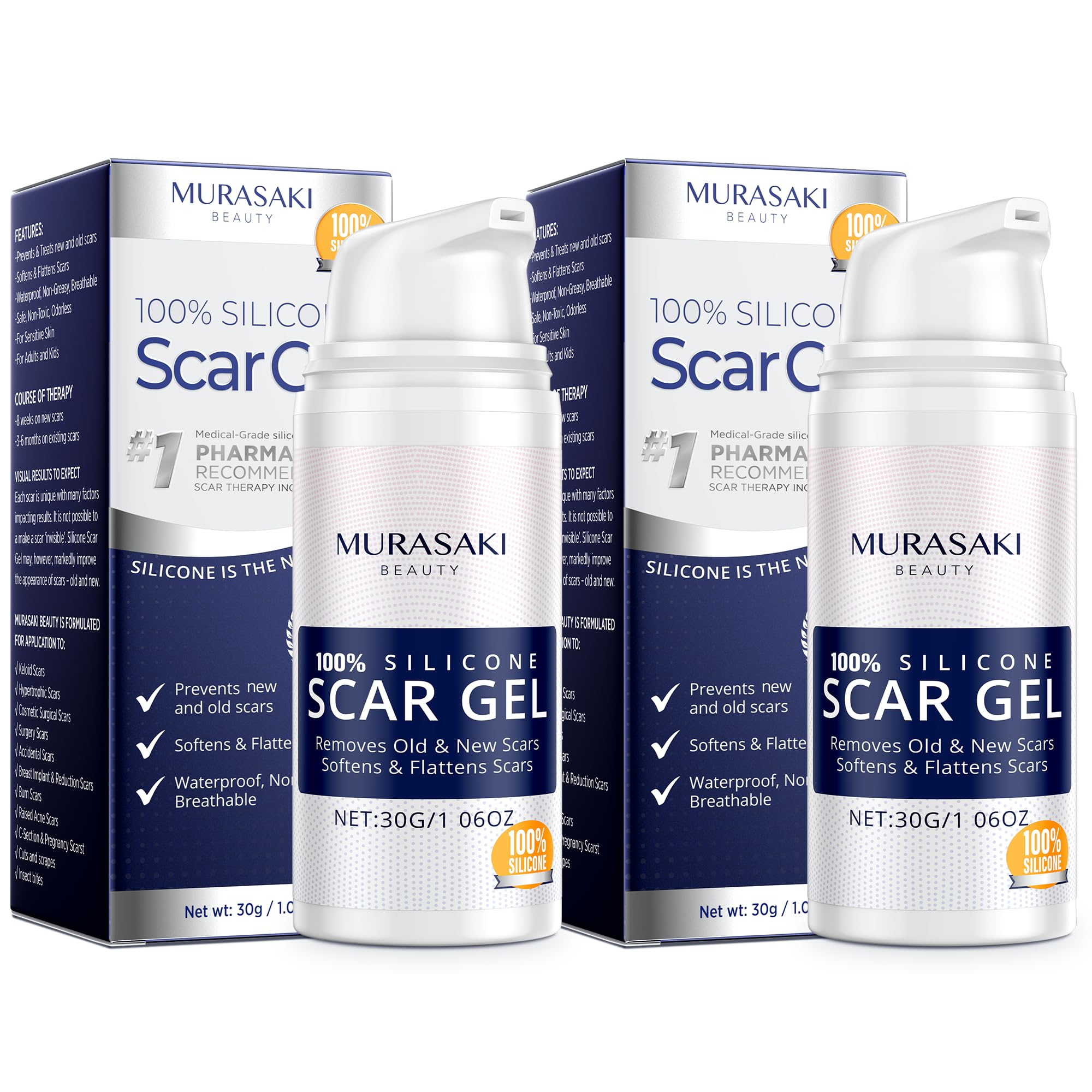 Murasaki Beauty two-tubes-pack showing silicone scar gel for versatile scar care at home