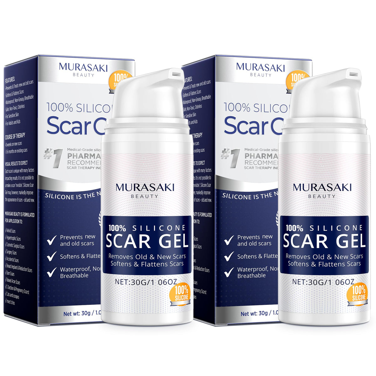 Murasaki Beauty two-tubes-pack showing silicone scar gel for versatile scar care at home