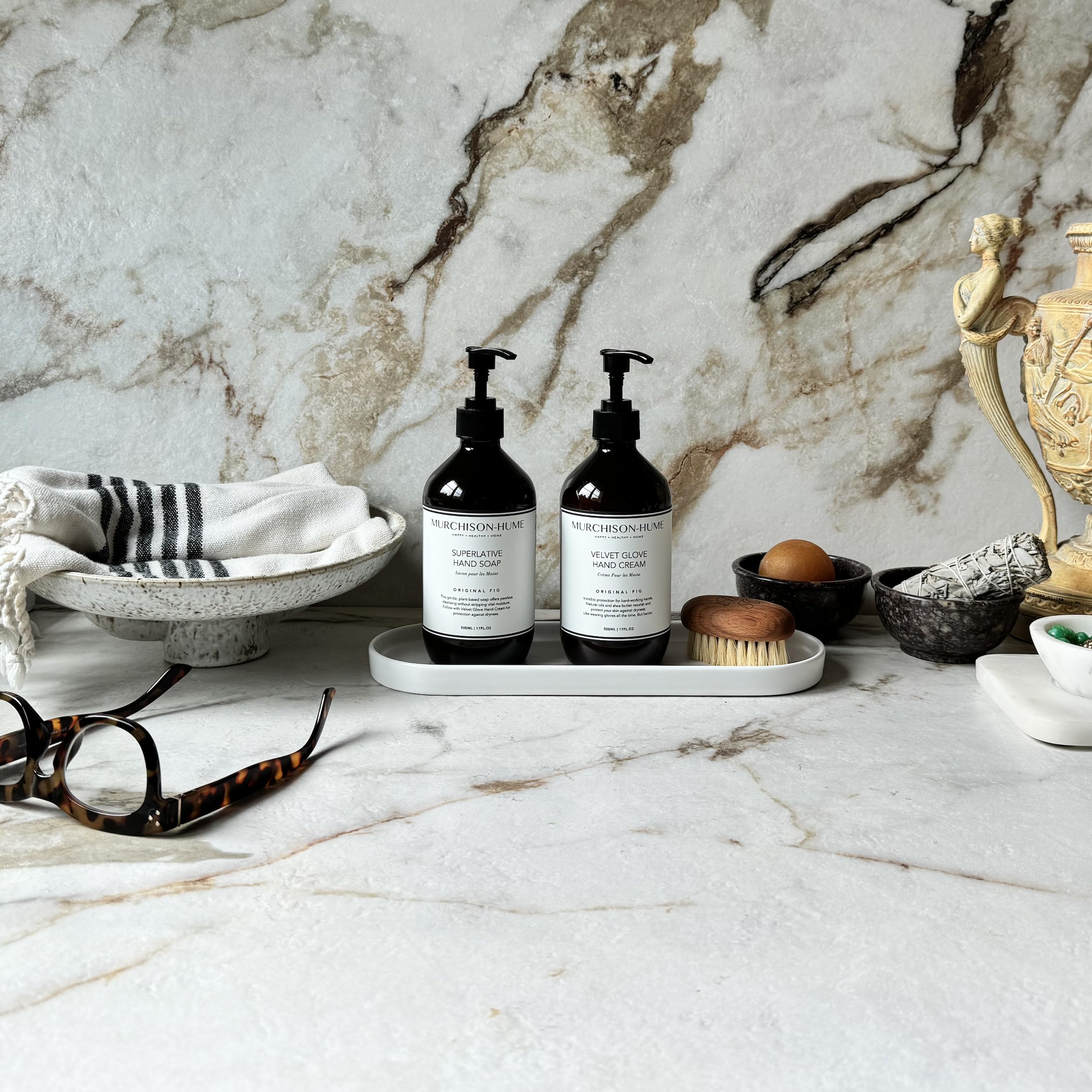 Lifestyle shot of Velvet Glove as part of a daily hand care ritual.
