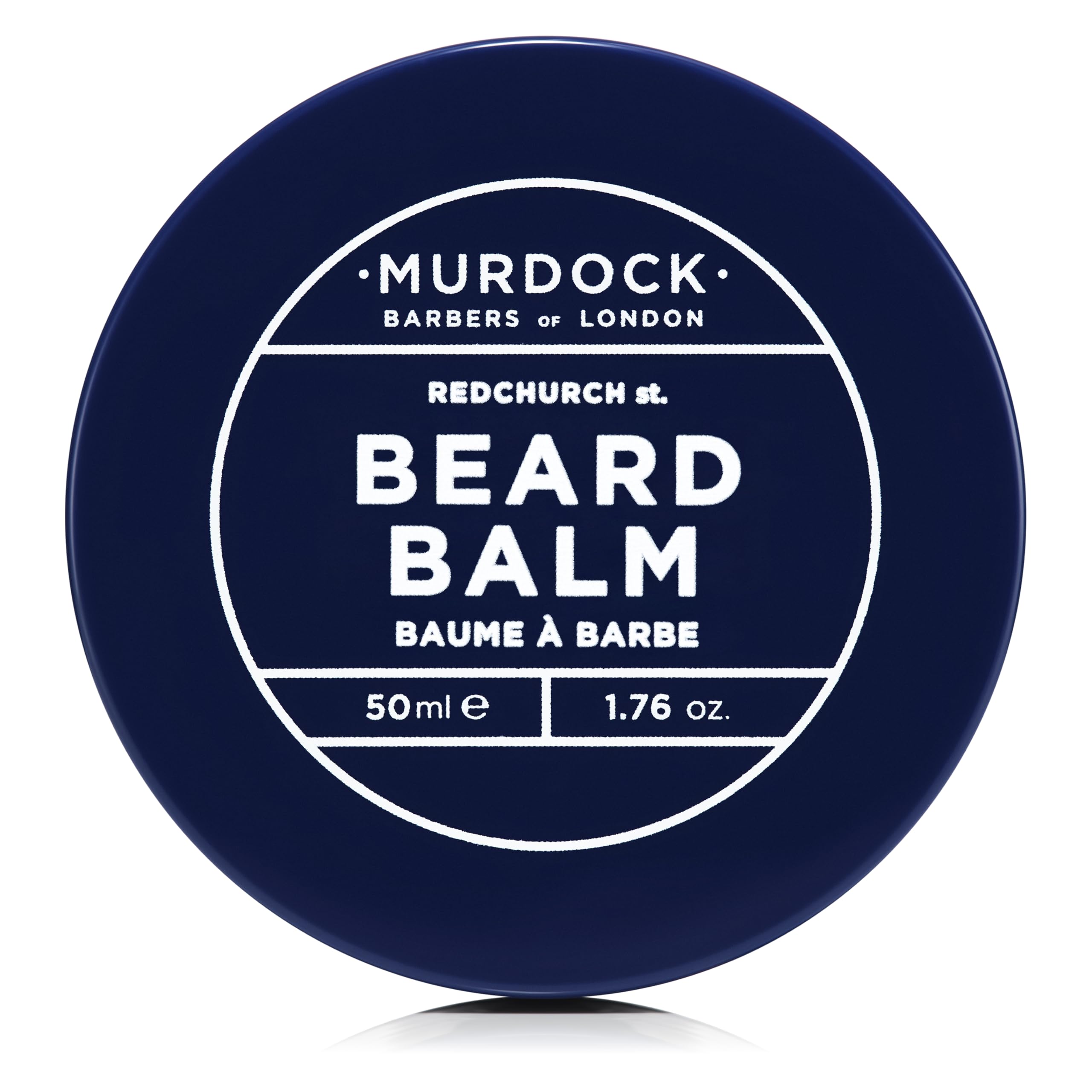 Murdock London beard balm jar close-up showing smooth, nourished beard-ready finish.