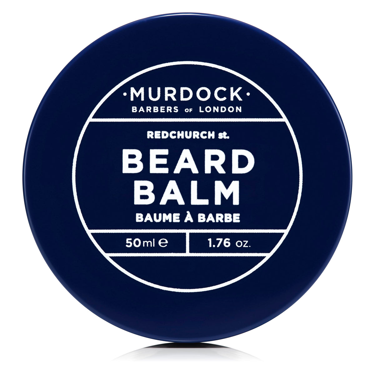 Murdock London beard balm jar close-up showing smooth, nourished beard-ready finish.