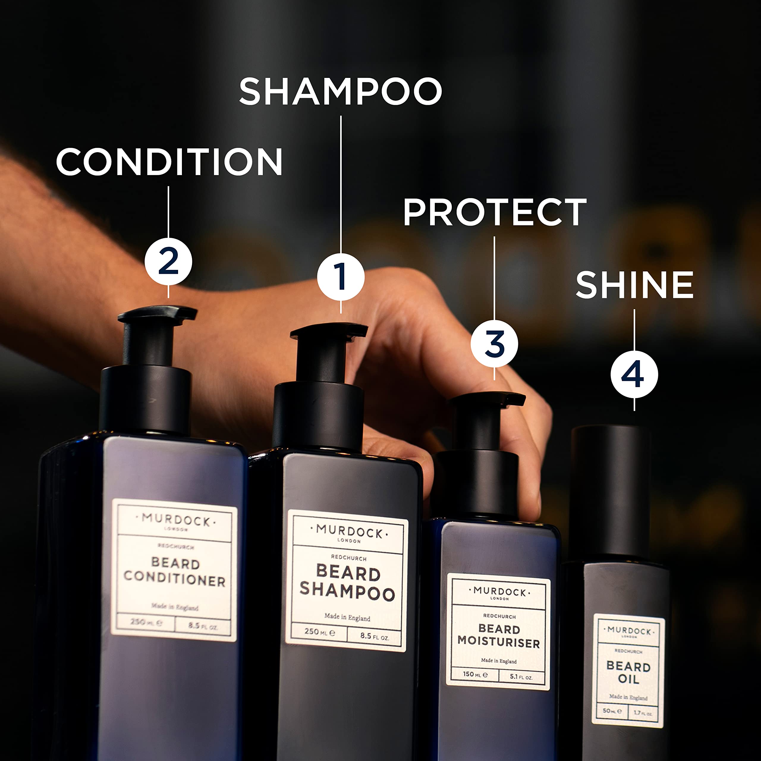 Murdock London formula with coconut, cedarwood, eucalyptus visible.