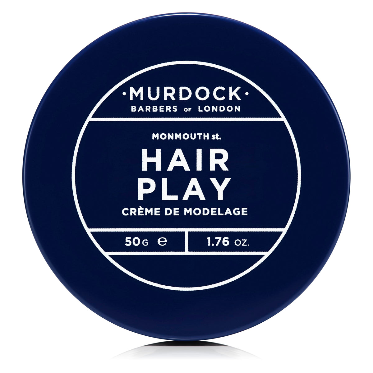 Murdock London Hair Play tin front view showing compact size for travel-ready styling.