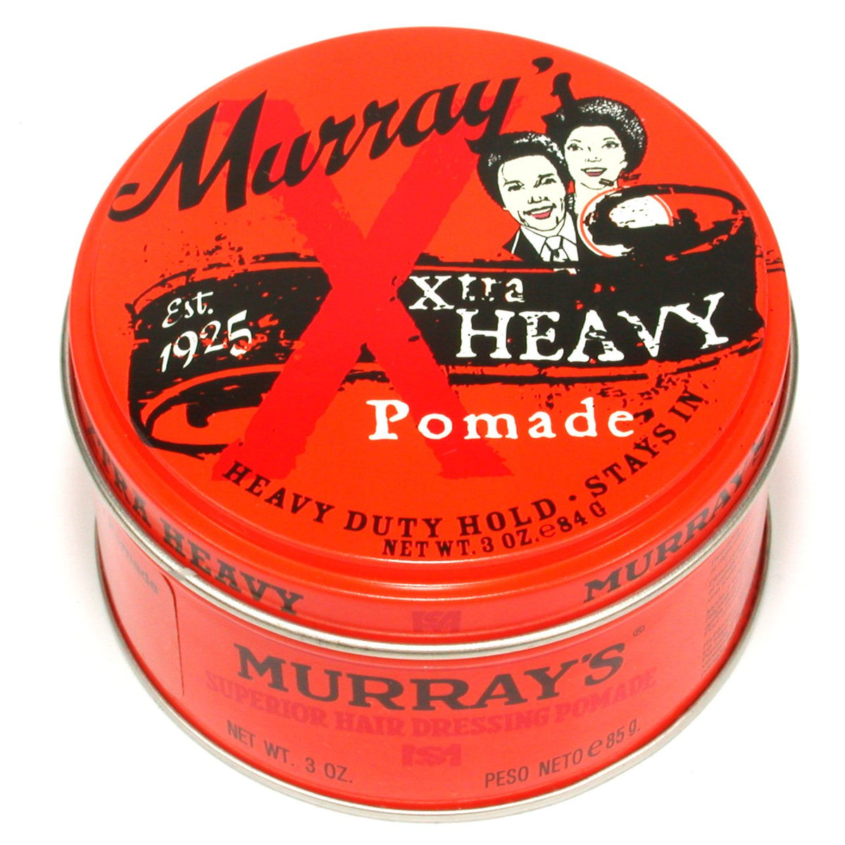 Murray's Extra Heavy Pomade bottle close-up highlighting strong hold