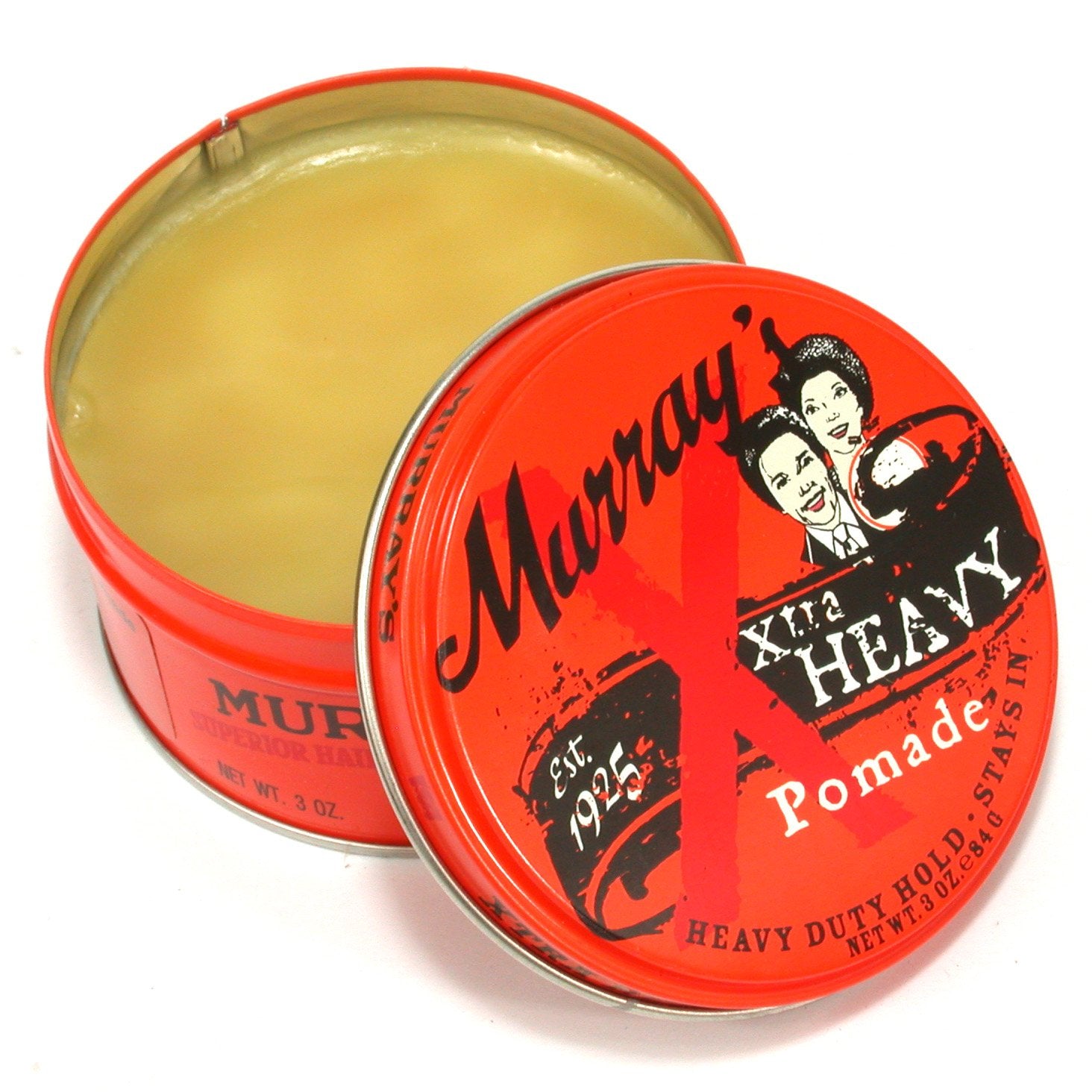 Murray's Extra Heavy Pomade tin close-up for lasting hold and versatility