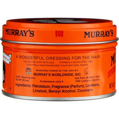 Murray's pomade packaging box highlights 3-piece set and harmless formula