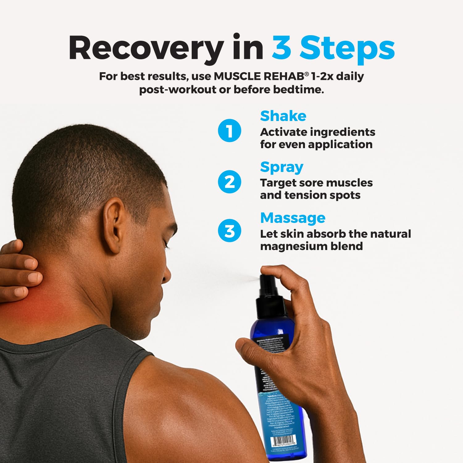Muscle Rehab bedtime spray scene suggests sleep-friendly relaxation before bed.