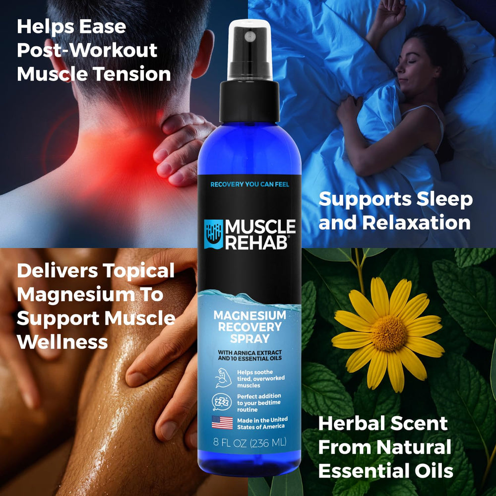 Muscle Rehab essential oils blend bottle emphasizing calming aroma and recovery support.