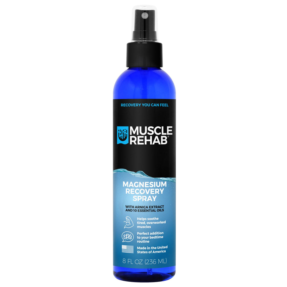 Muscle Rehab magnesium spray bottle closeup for quick, non-greasy relief.