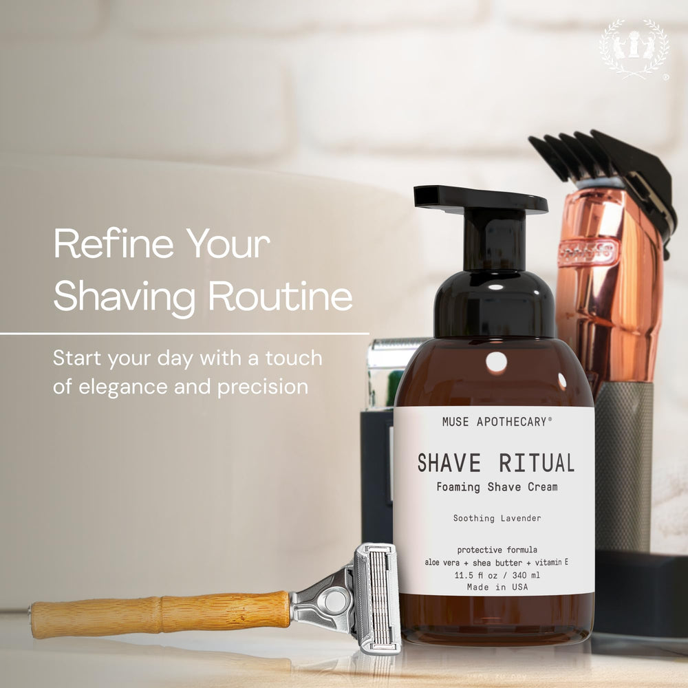 Rich foam from Muse Apothecary foaming shave ritual lather close-up for a smooth shave