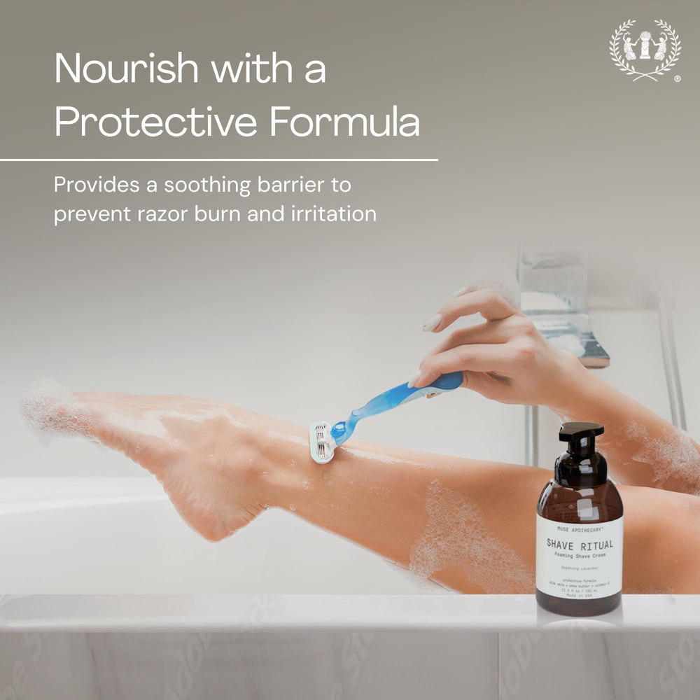Lavender oil scent in Muse Apothecary foaming shave ritual for calming routine