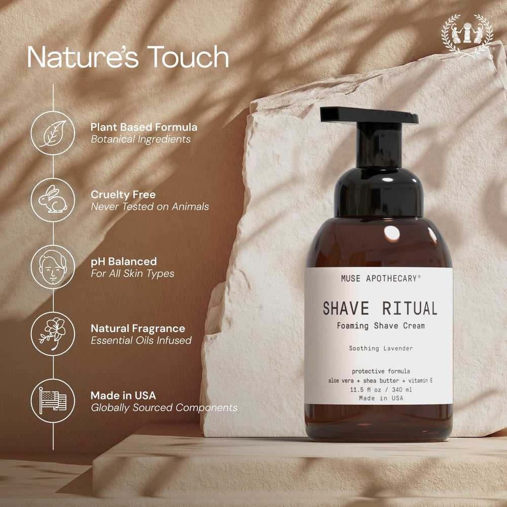 USA made Muse Apothecary foaming shave ritual label signaling quality