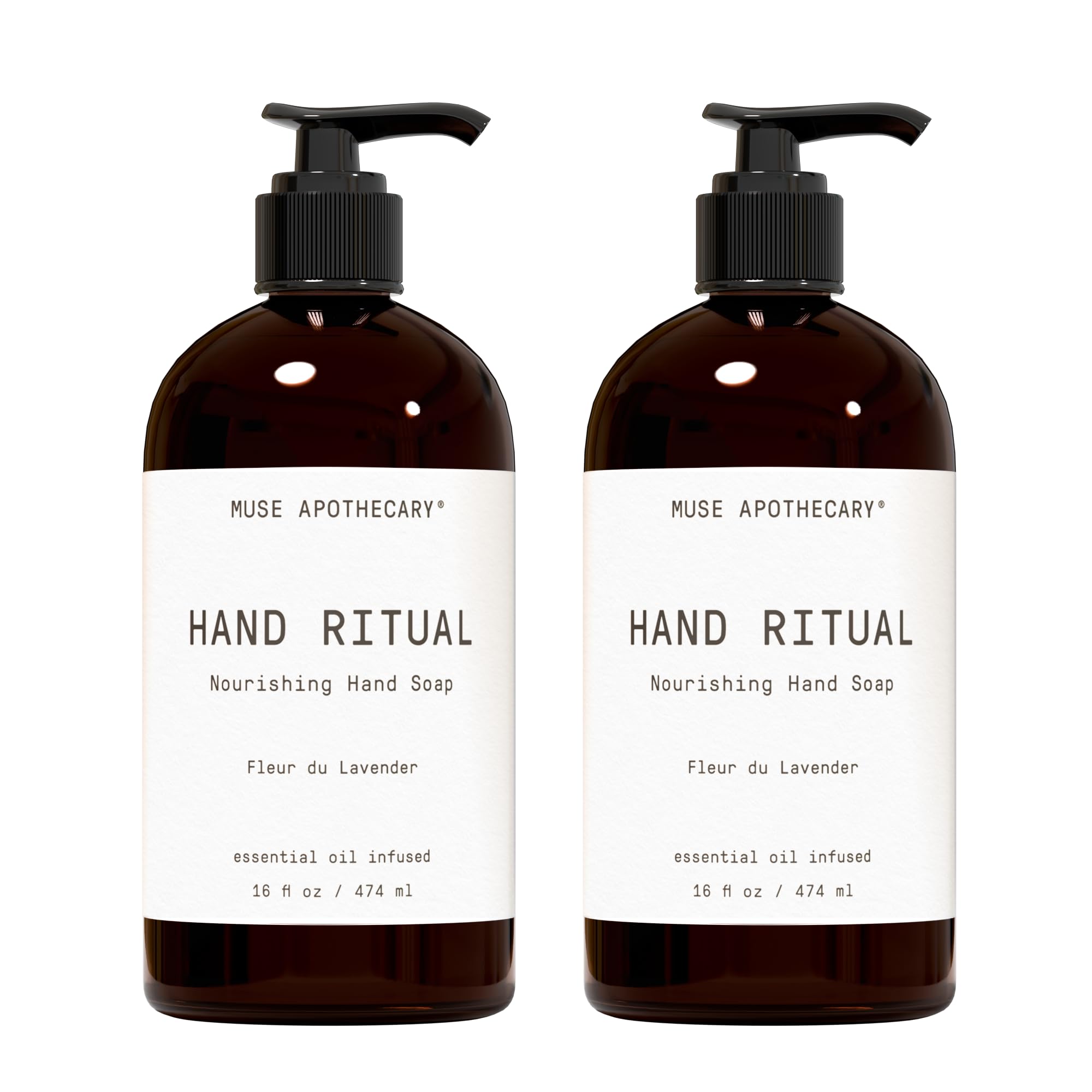 Muse Apothecary Hand Ritual pour bottle highlights calming lavender aroma for a mindful wash.