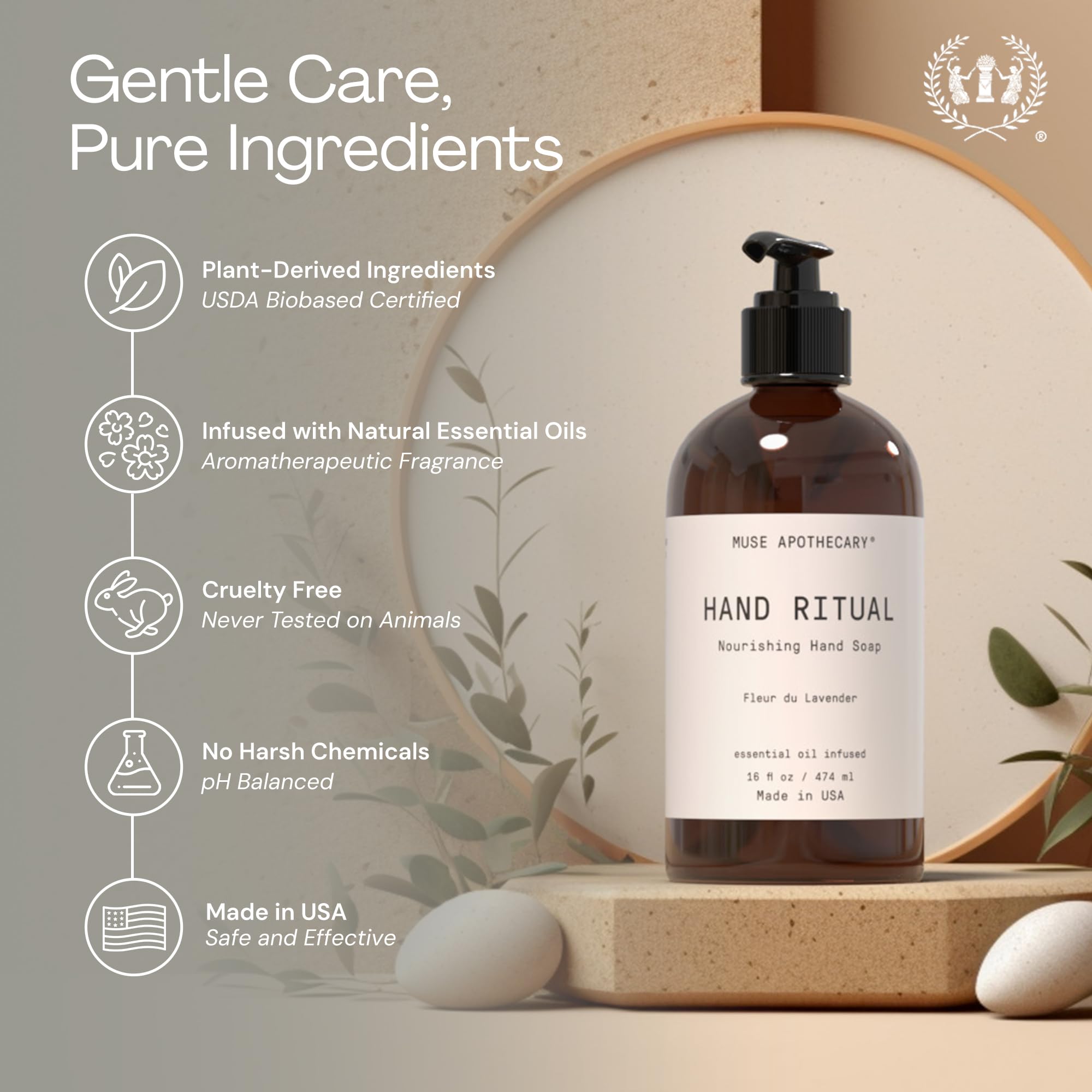 USDA Biobased seal on Muse Apothecary Hand Ritual packaging signals eco-friendly composition.