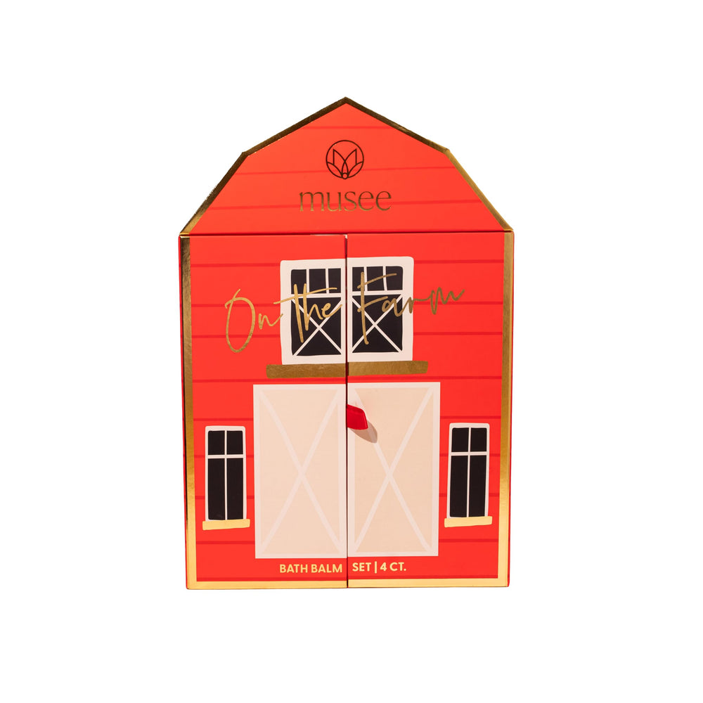 Musee On The Farm bath balm set on display with four colorful balms for kids' bath time.
