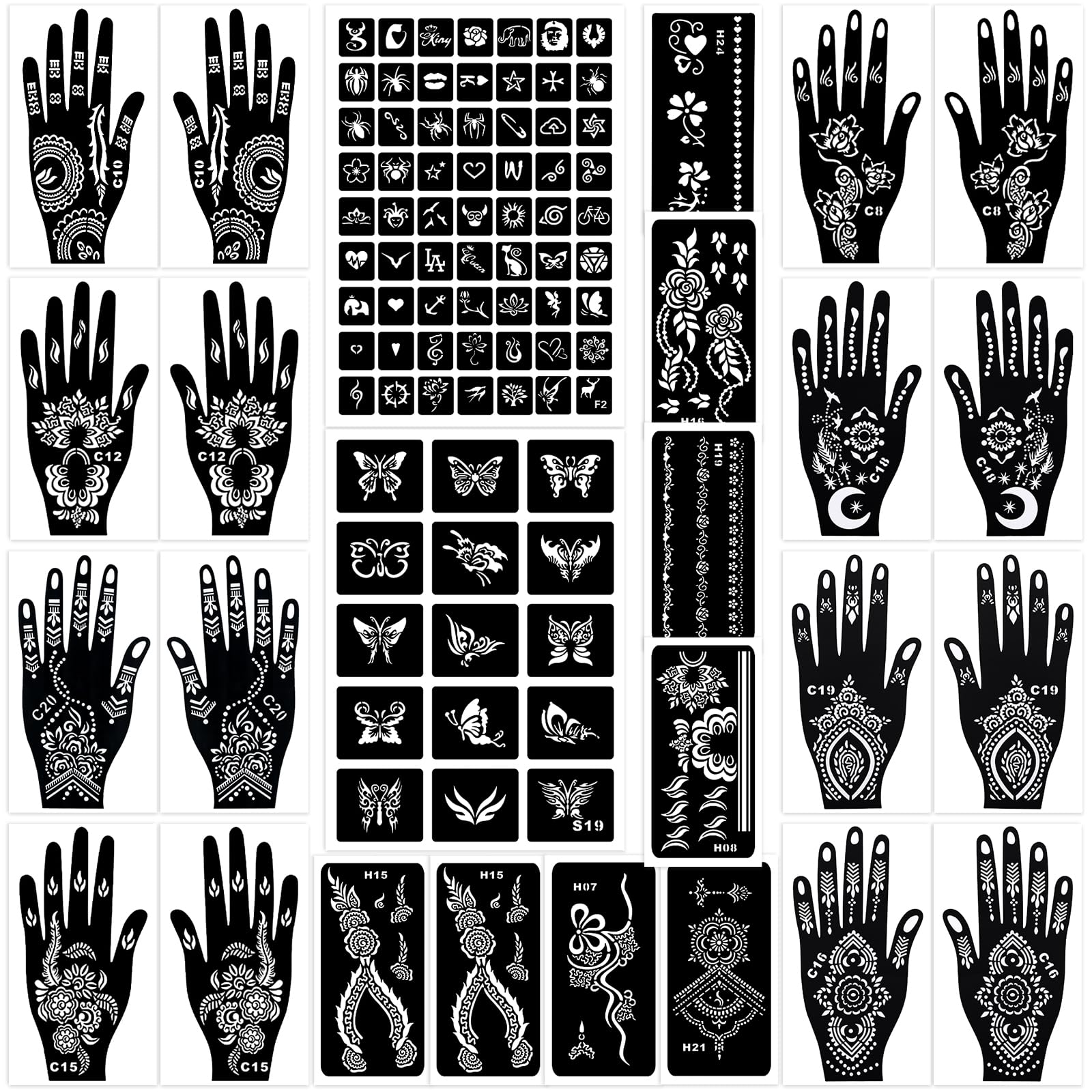 MuseLuxe Henna stencils kit cover shows versatile designs for body, face, and hands.