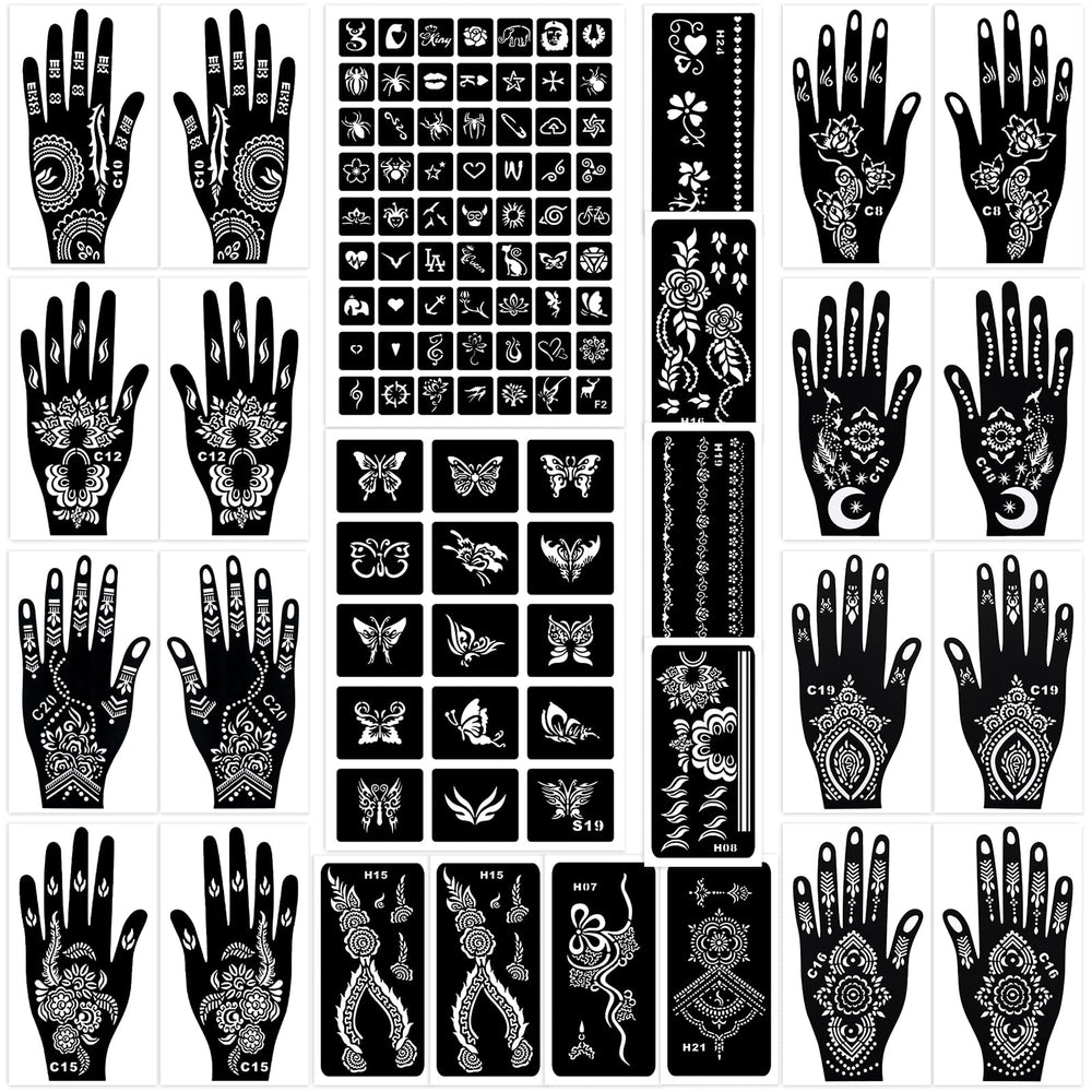 MuseLuxe Henna stencils kit cover shows versatile designs for body, face, and hands.