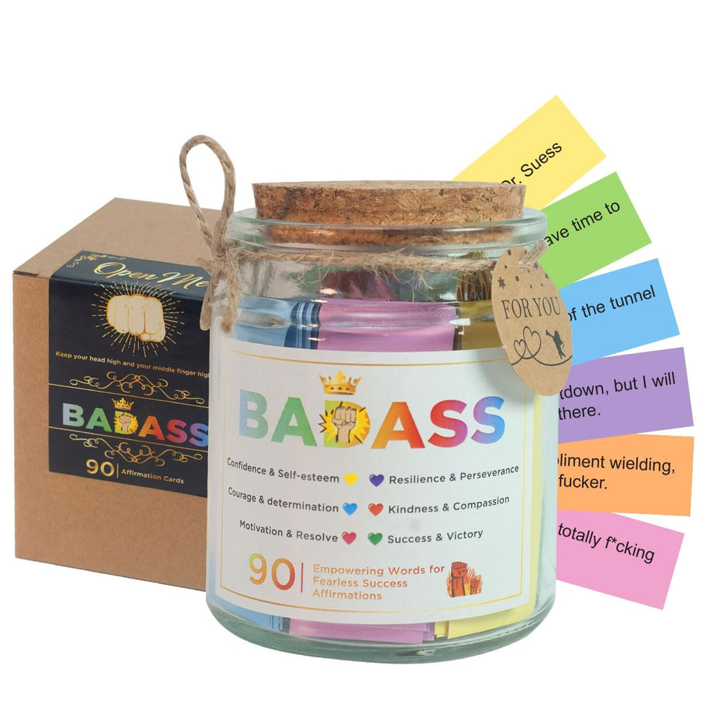 Musemory Badass Affirmation Jar display showing 90 cards for daily inspiration