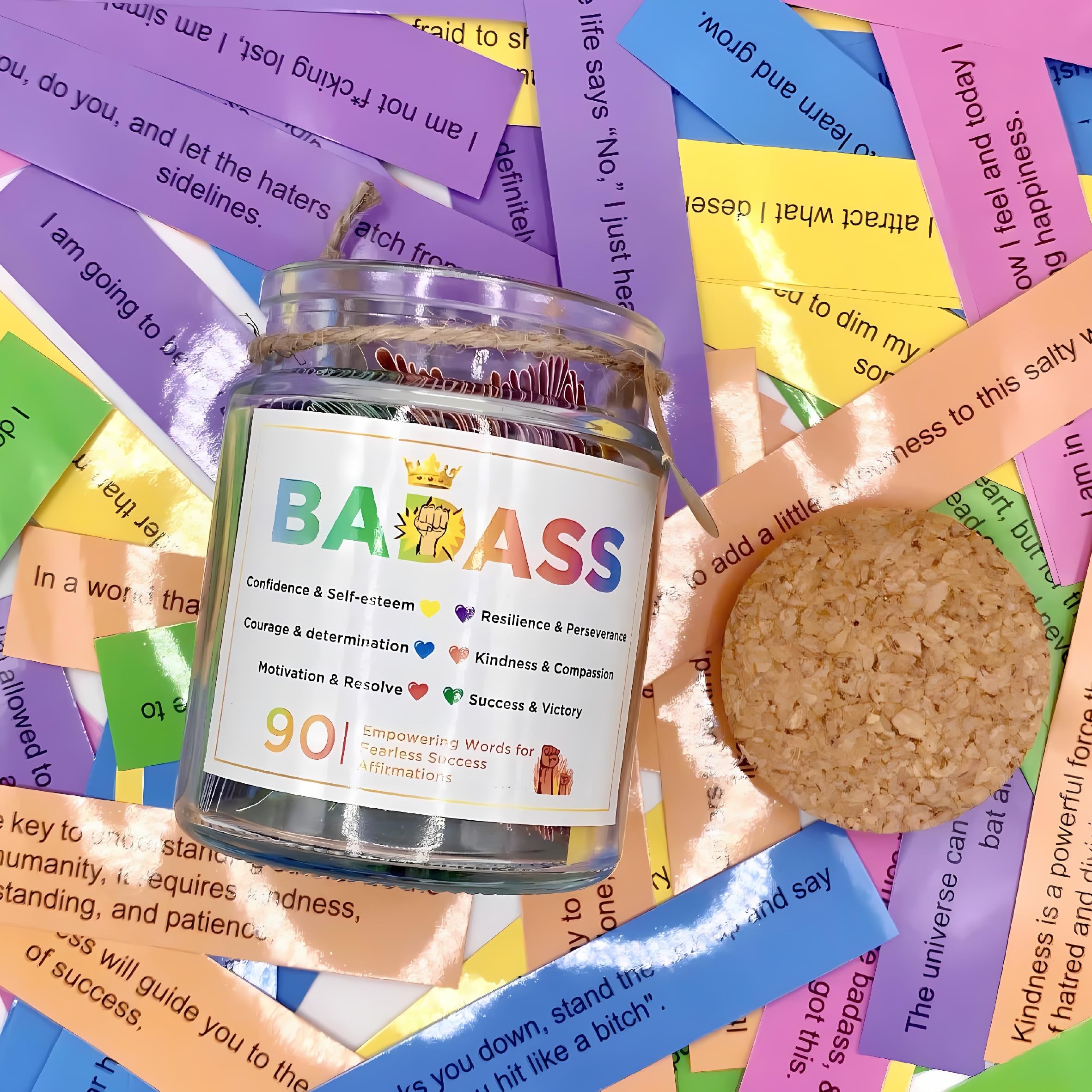 Musemory Badass Affirmation Jar with cards fanned for daily motivation