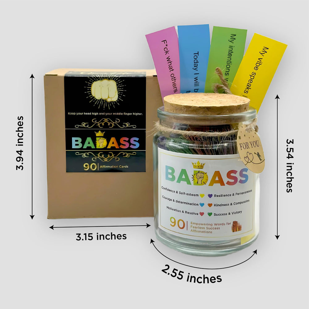 Musemory Badass Affirmation Jar on a nightstand for morning mindfulness