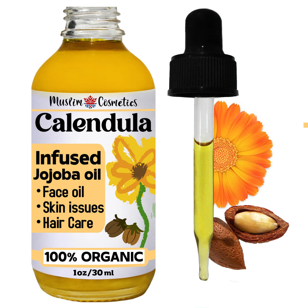Muslim Cosmetics calendula jojoba oil bottle for gentle facial and body hydration.