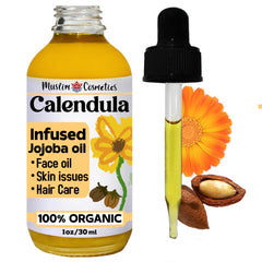 Muslim Cosmetics calendula jojoba oil bottle for gentle facial and body hydration.