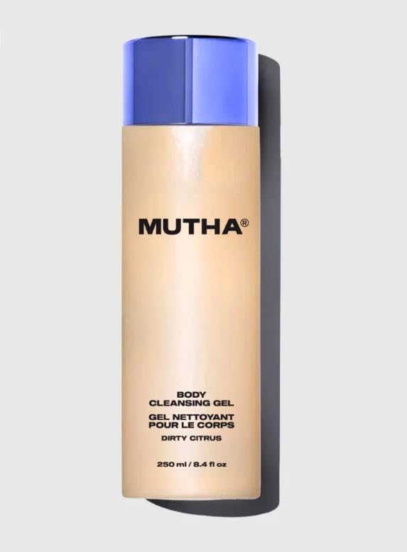 MUTHA Dirty Citrus bottle showing the cleansing gel for a refreshing shower routine.