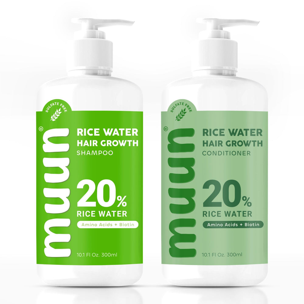 Muun Rice Water Shampoo bottle promoting hair vitality and cleansing