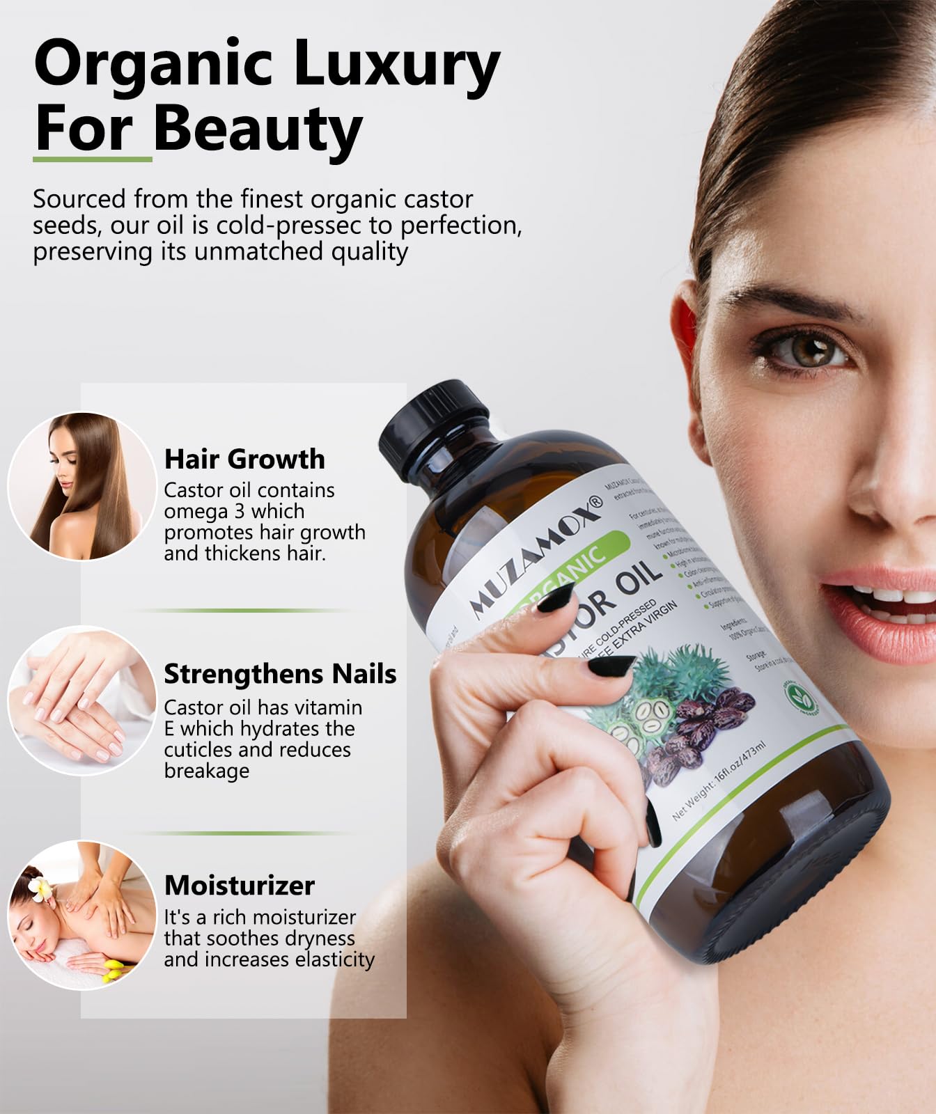 MUZAMOX Pure cold-pressed Castor Oil for versatile skin and hair care.