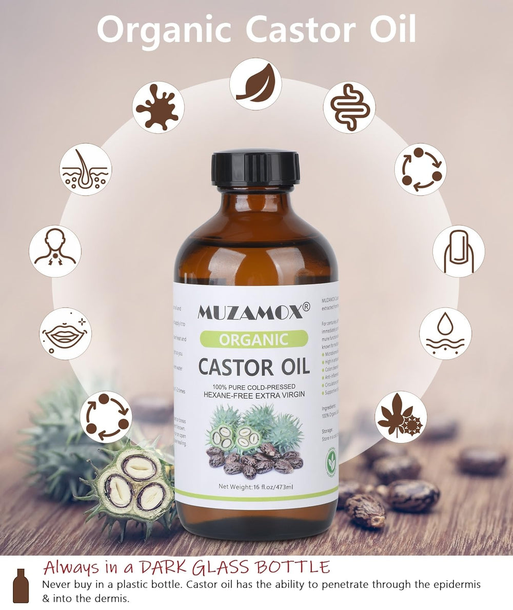 MUZAMOX Castor Oil pack wrap on abdomen for gentle, soothing warmth.