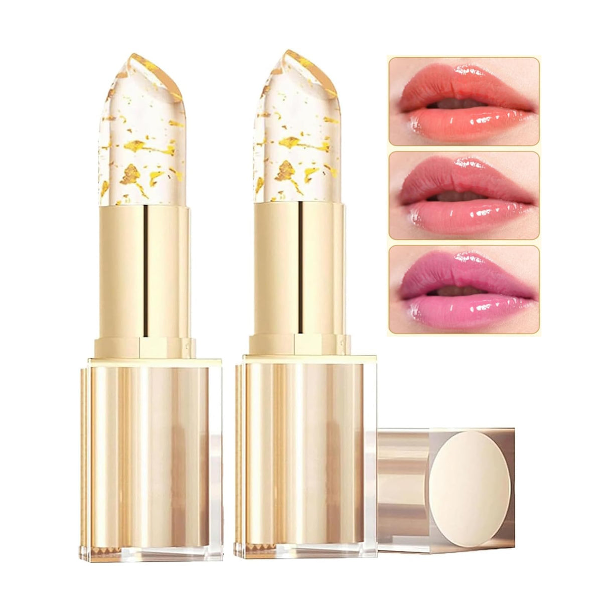 MVC color-changing lipstick with gold crystal cap shows a personalized shade on lips.