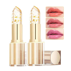 MVC color-changing lipstick with gold crystal cap shows a personalized shade on lips.
