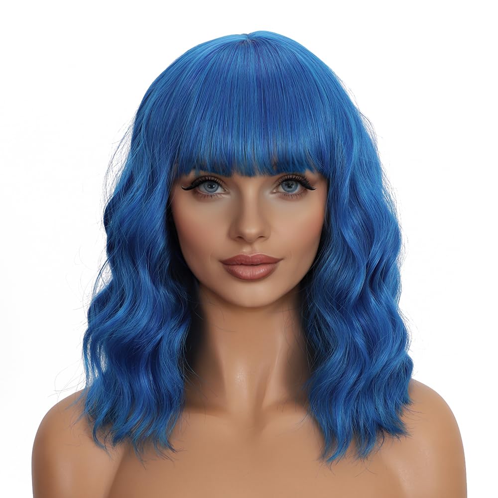 Mxayhnajxl blue wig with bangs, 14-inch short style for daily wear.
