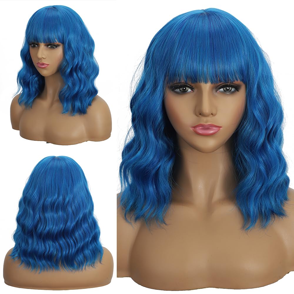 Mxayhnajxl blue wig with bangs for Halloween style.