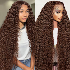 MXTQO 30 inch chocolate brown deep wave lace front wig with natural hairline for daily wear