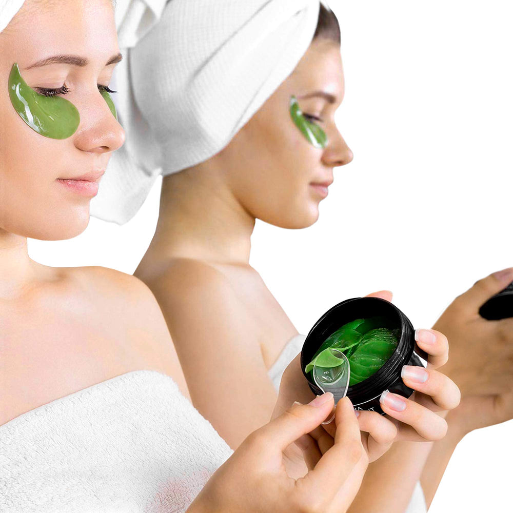 Close-up of hydrogel pads delivering cooling moisture to soothe under-eye skin.